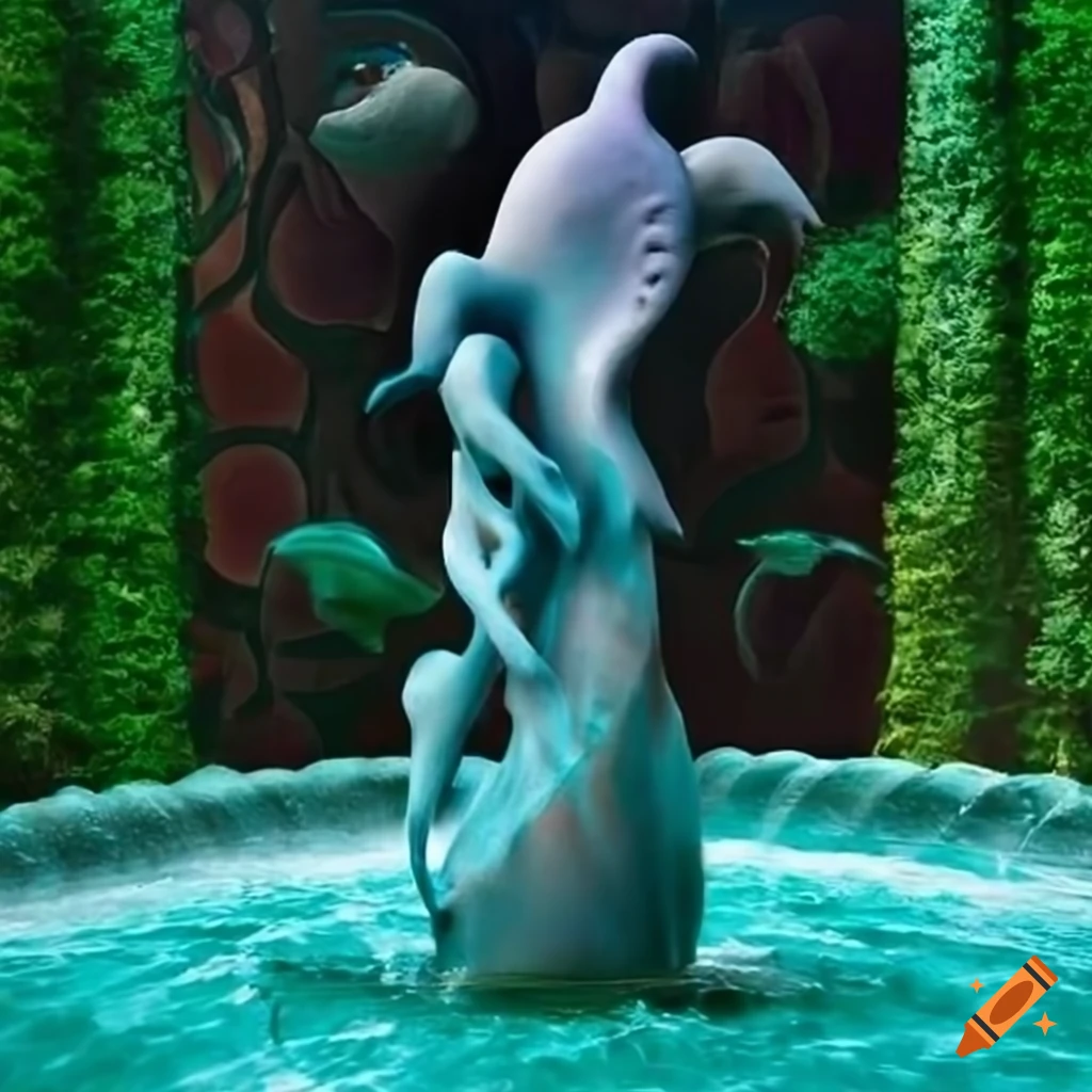 fountain with sea creatures and plants inspired by Georgia O'Keefe