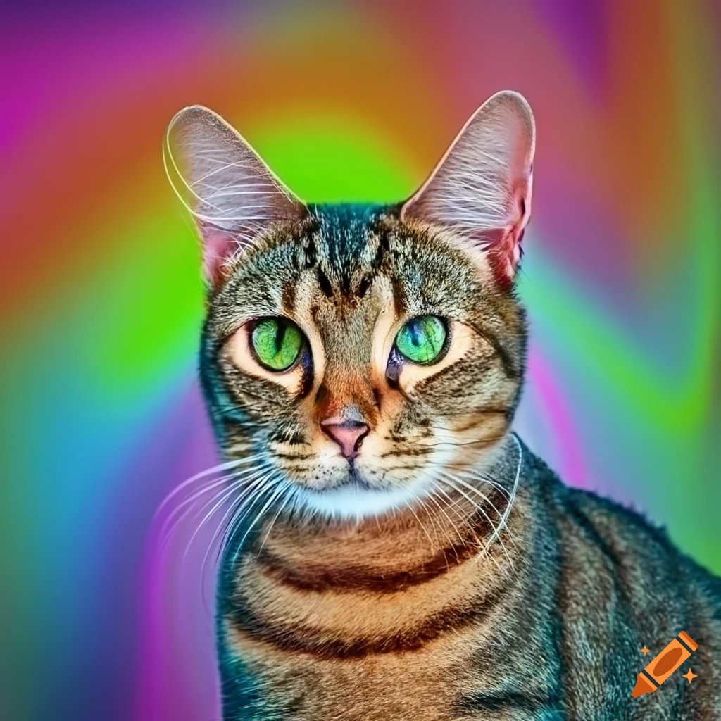 colorful images surrounding a tabby cat with tan/green eyes