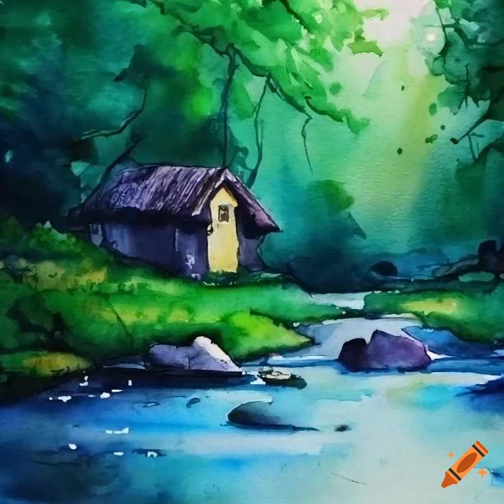 watercolor painting of a cottage near a river