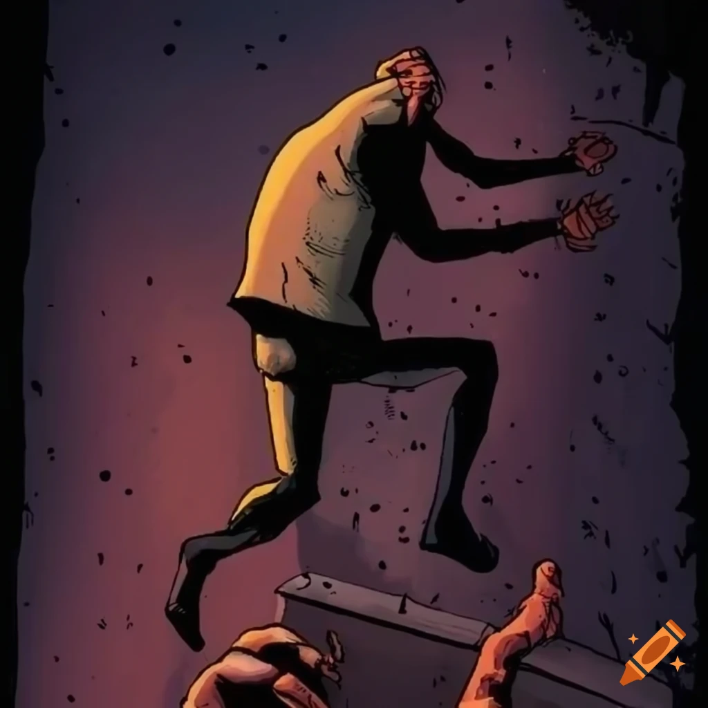 comic illustration of a scared man stuck to a wall