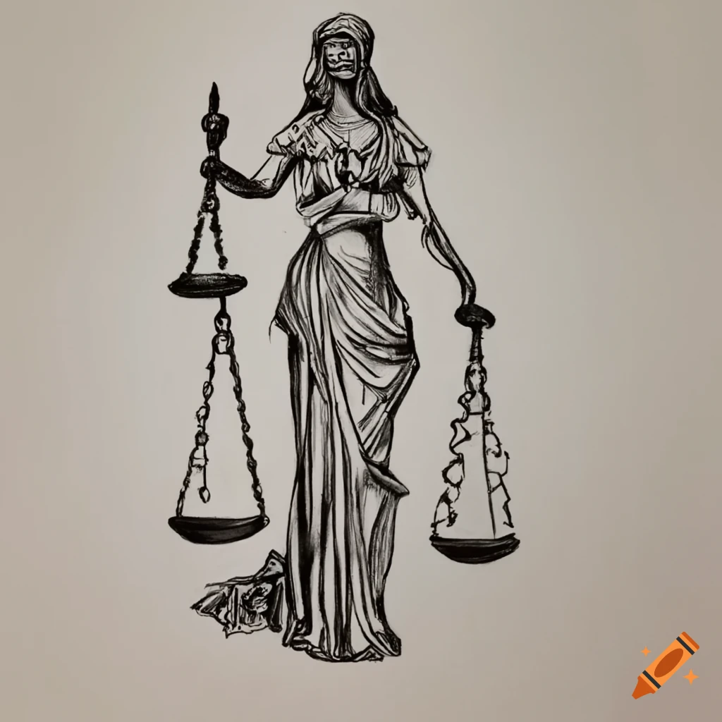 Black and White Sketch of Blindfolded Lady Justice with Scales and Sword  Stock Vector - Illustration of stencil, emblem: 282049293