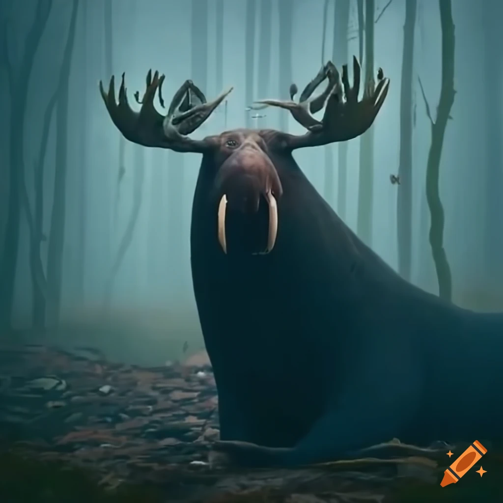 Realistic moose with a walruslike face in a misty forest on Craiyon