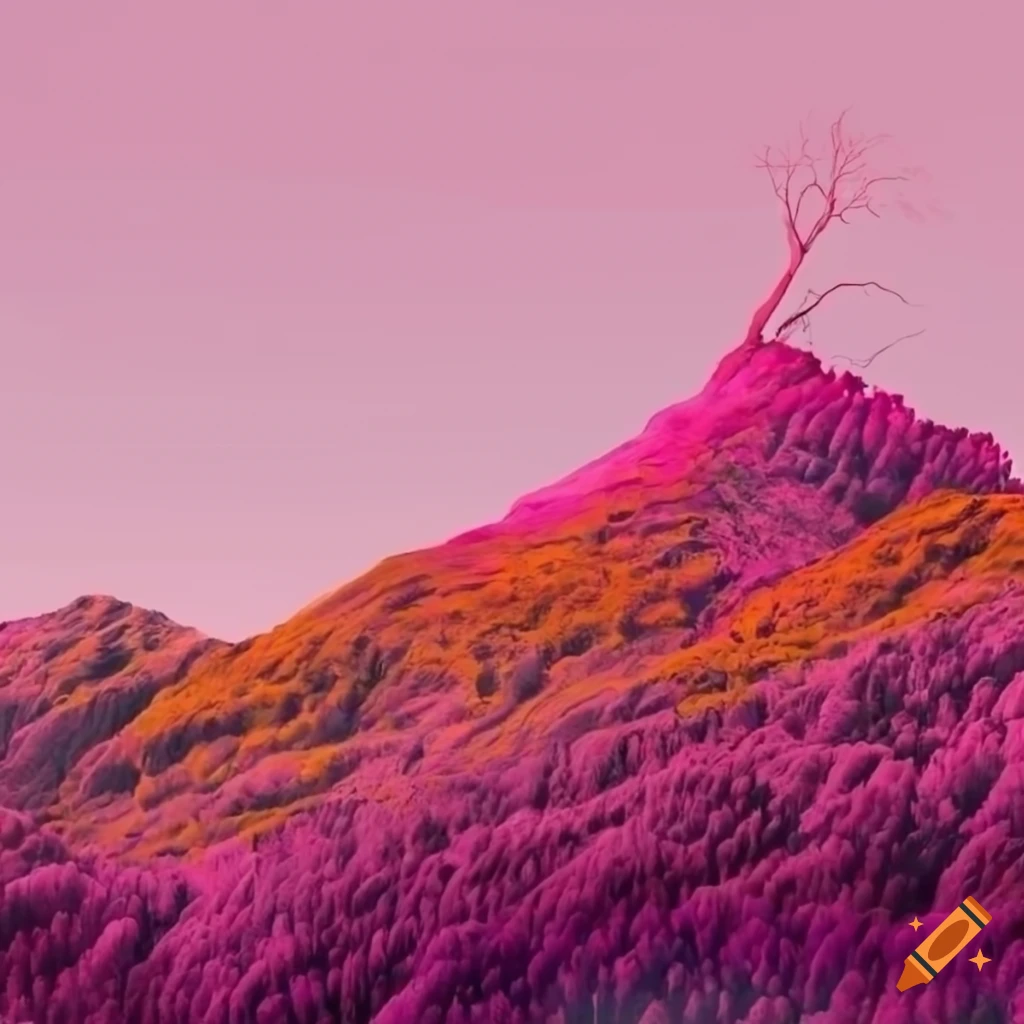 Pink mountain scenery with a tree on the edge on Craiyon