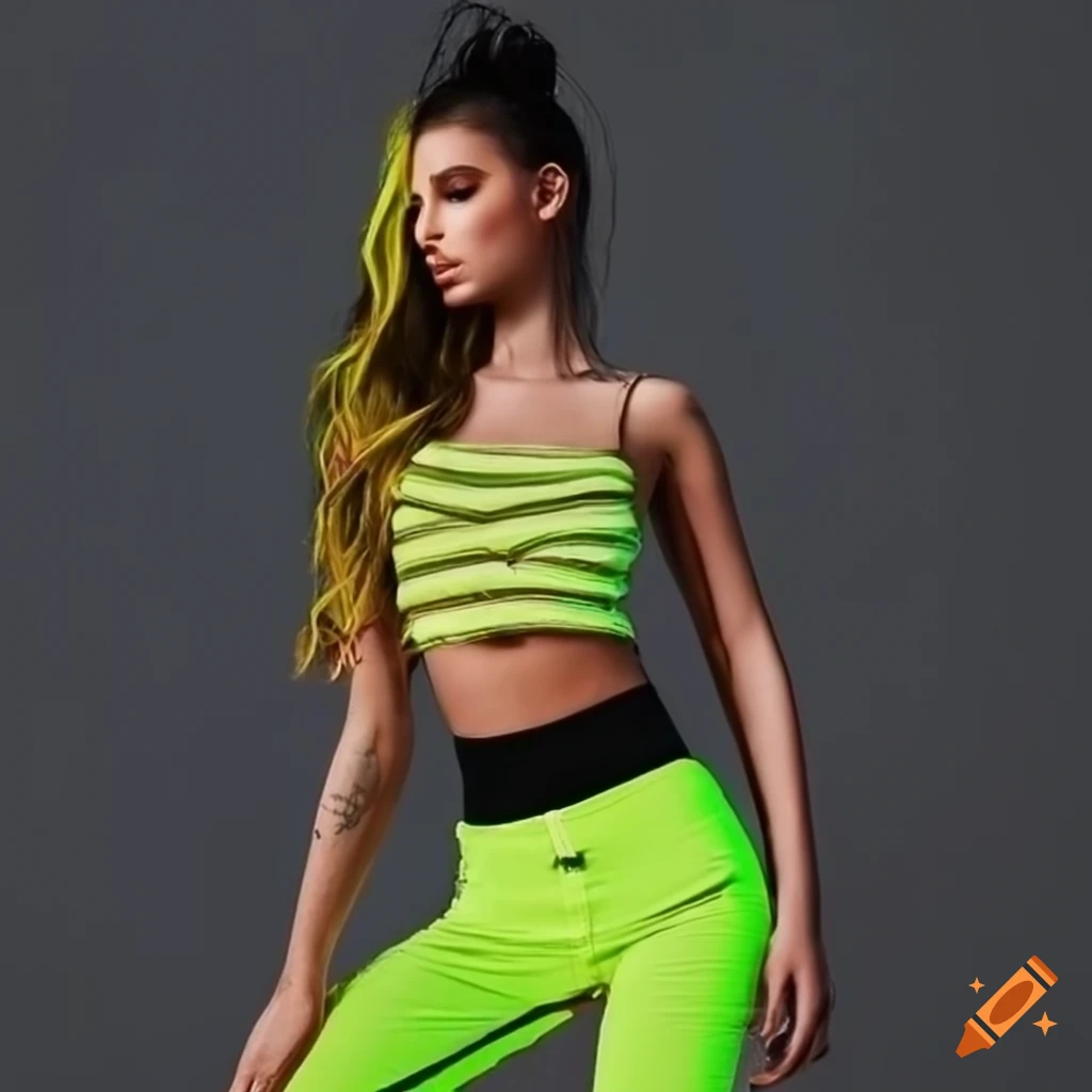 Fashionable outfit with striped skinny jeans and neon crop top