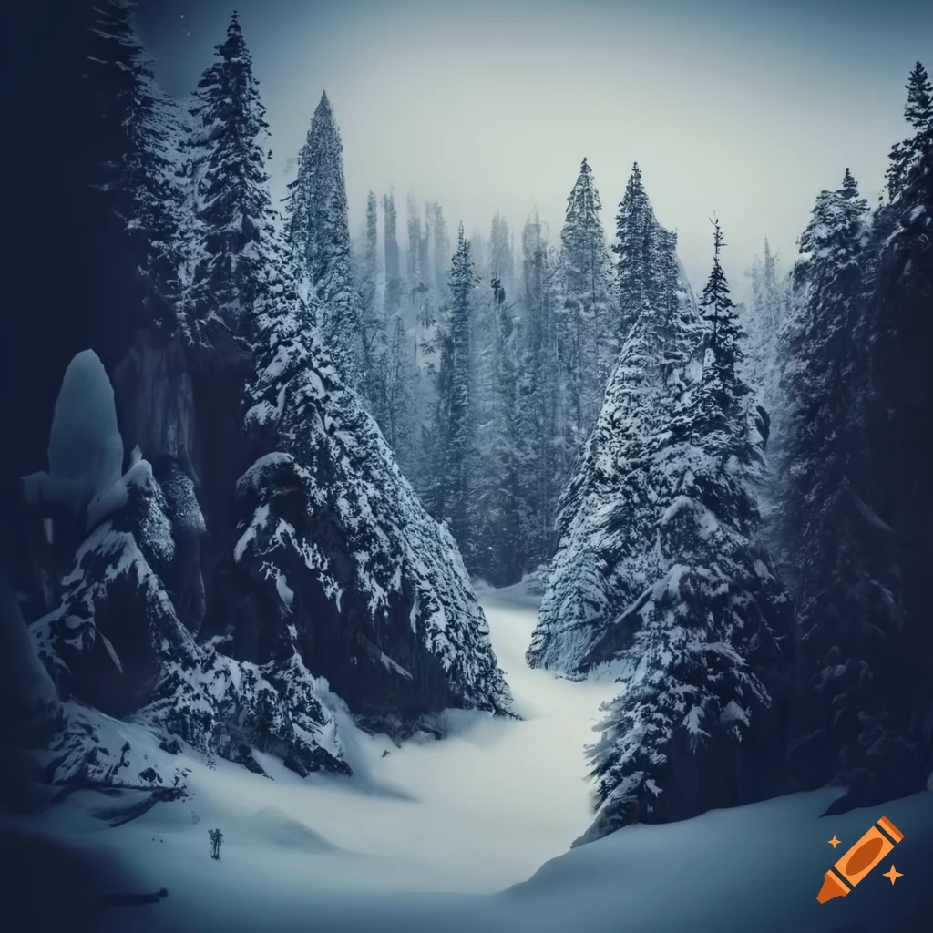 dark vintage picture of a snow-covered forest canyon
