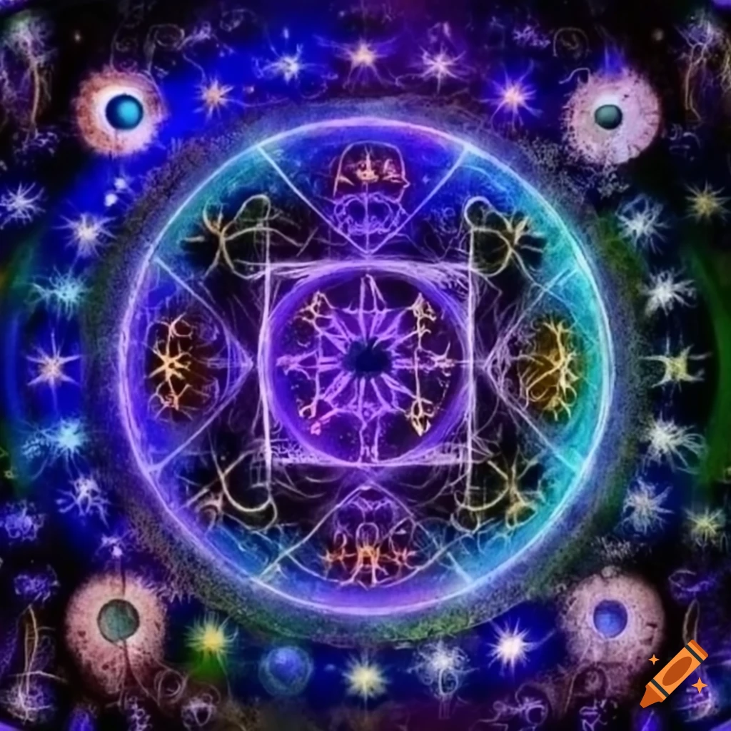 Cosmic wheel with sun chakra symbols and earth radiating serenity and