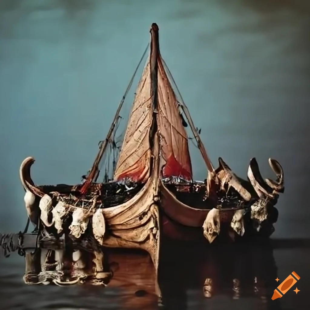artistic depiction of a viking ship made of bones and weapons