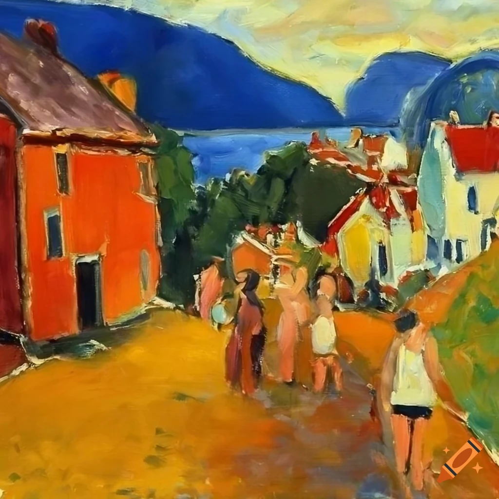 Oil painting of a norwegian coastal village in summer