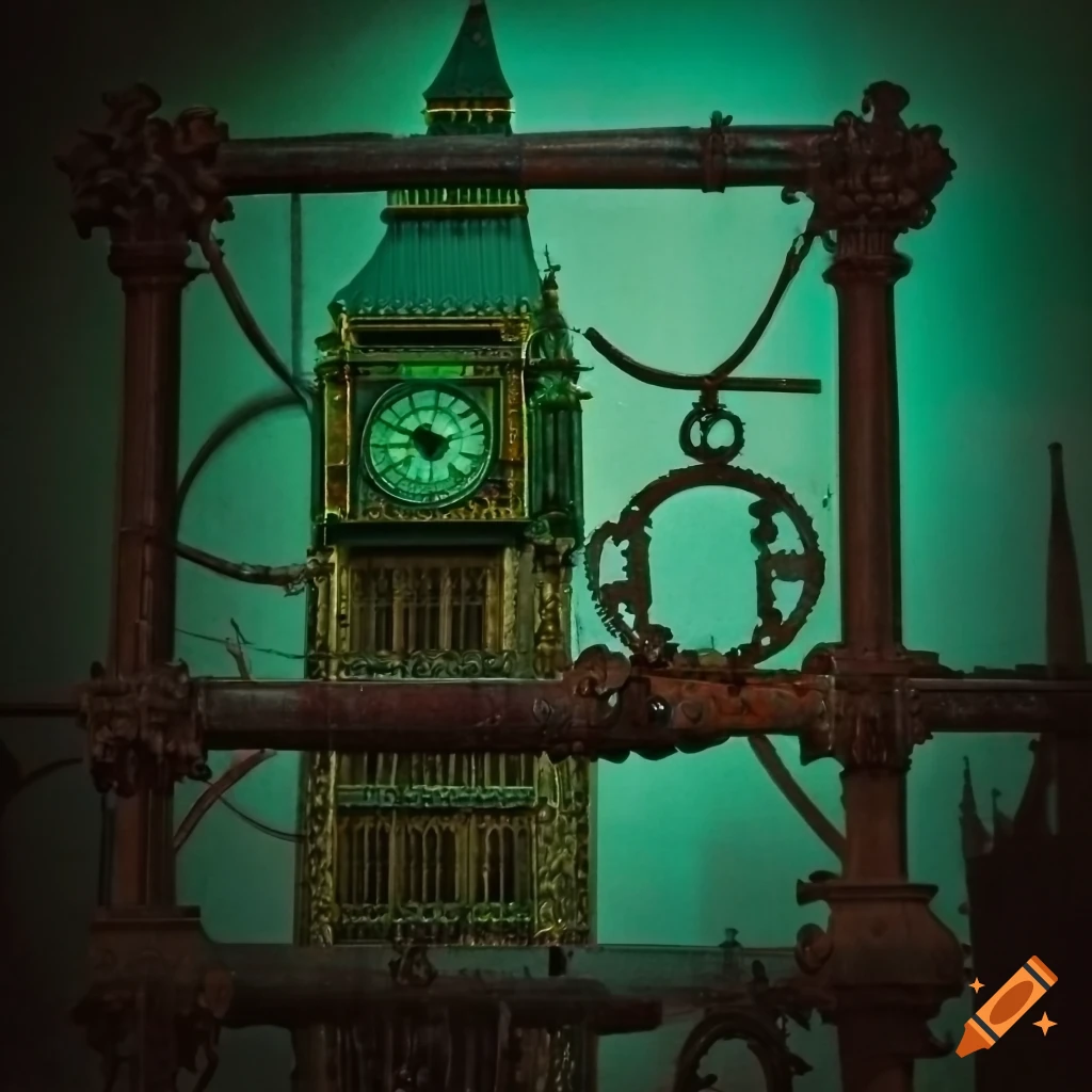Whimsical green big ben with gears and steam on Craiyon