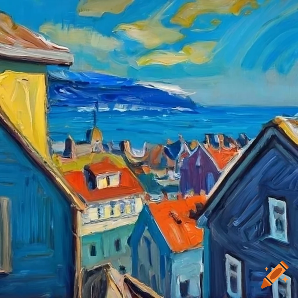 oil painting of a coastal town viewed from above