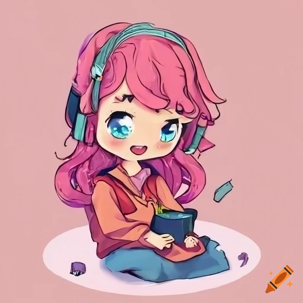 Smiling pink-haired chibi woman with an organizer notebook