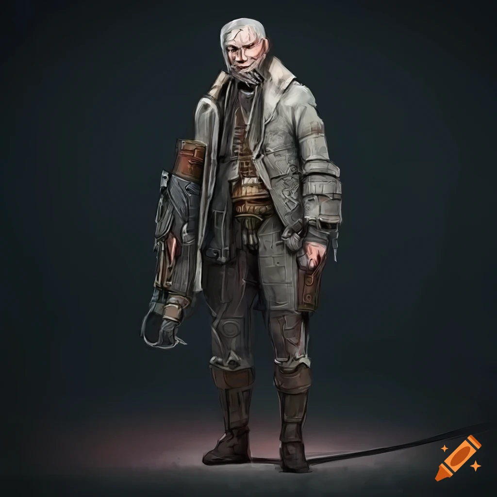 realistic full-body art of a gray-haired male dieselpunk character