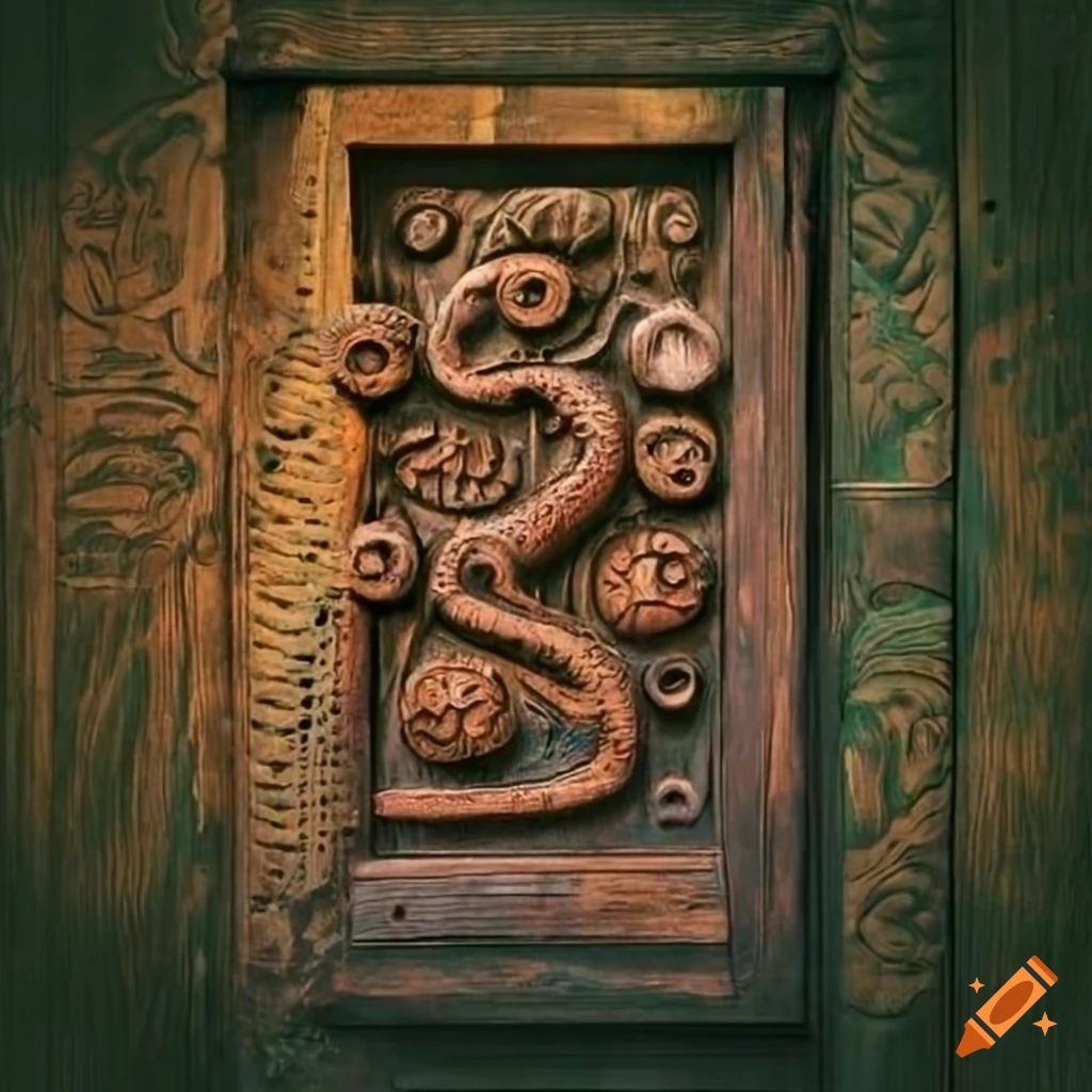 wooden door with African symbols and moss-covered wall in the background
