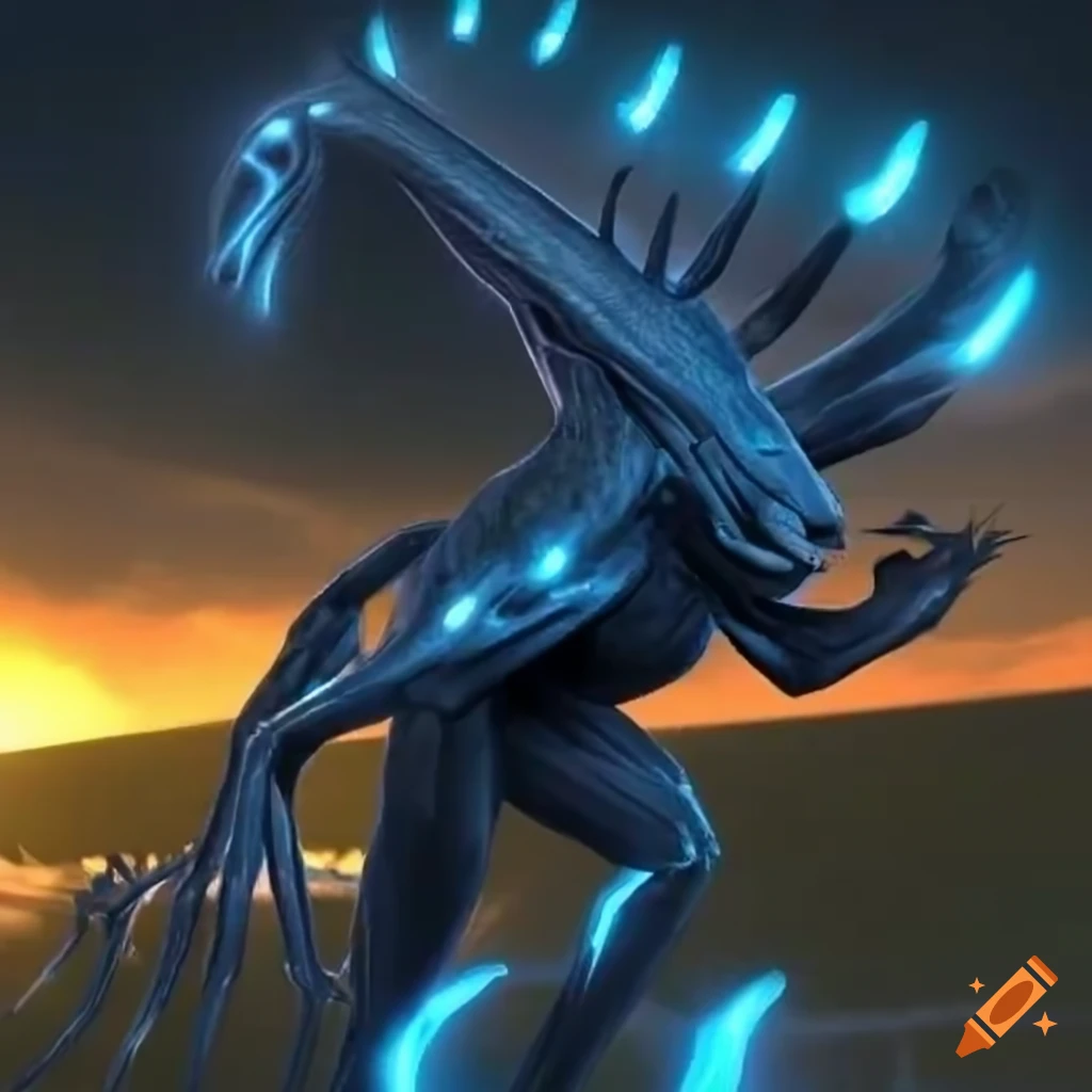 grey humanoid creature with metallic skin and blue lights