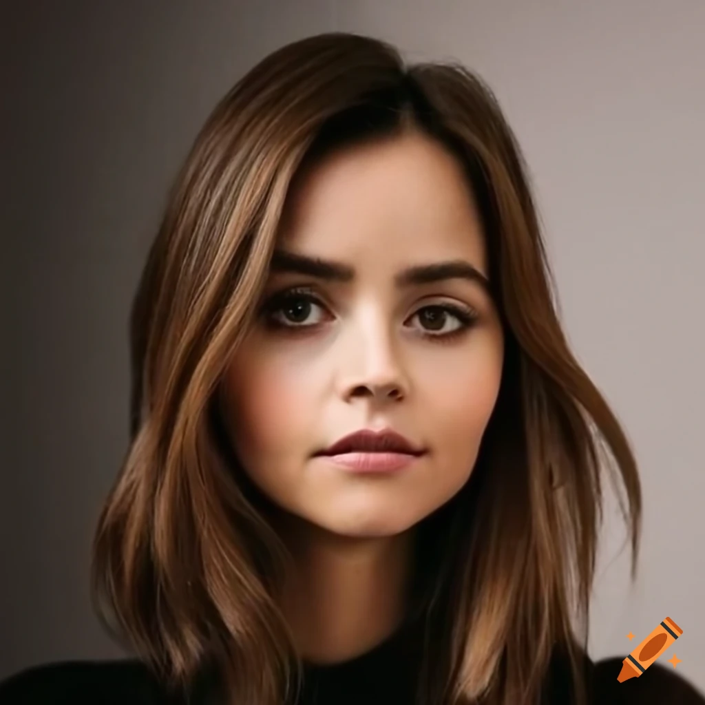Jenna coleman in winter attire, looking serious on Craiyon