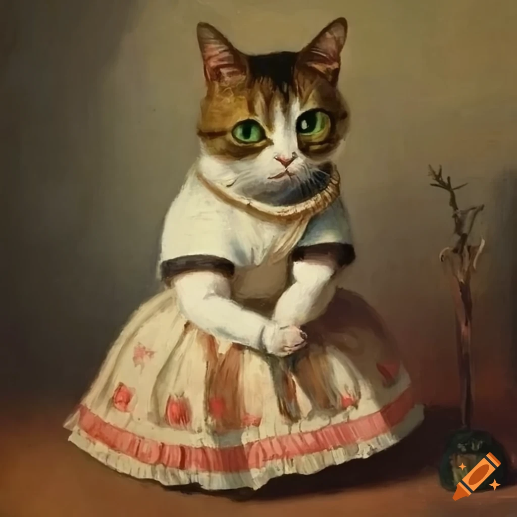 Oil painting of a chubby cat in a dress on Craiyon