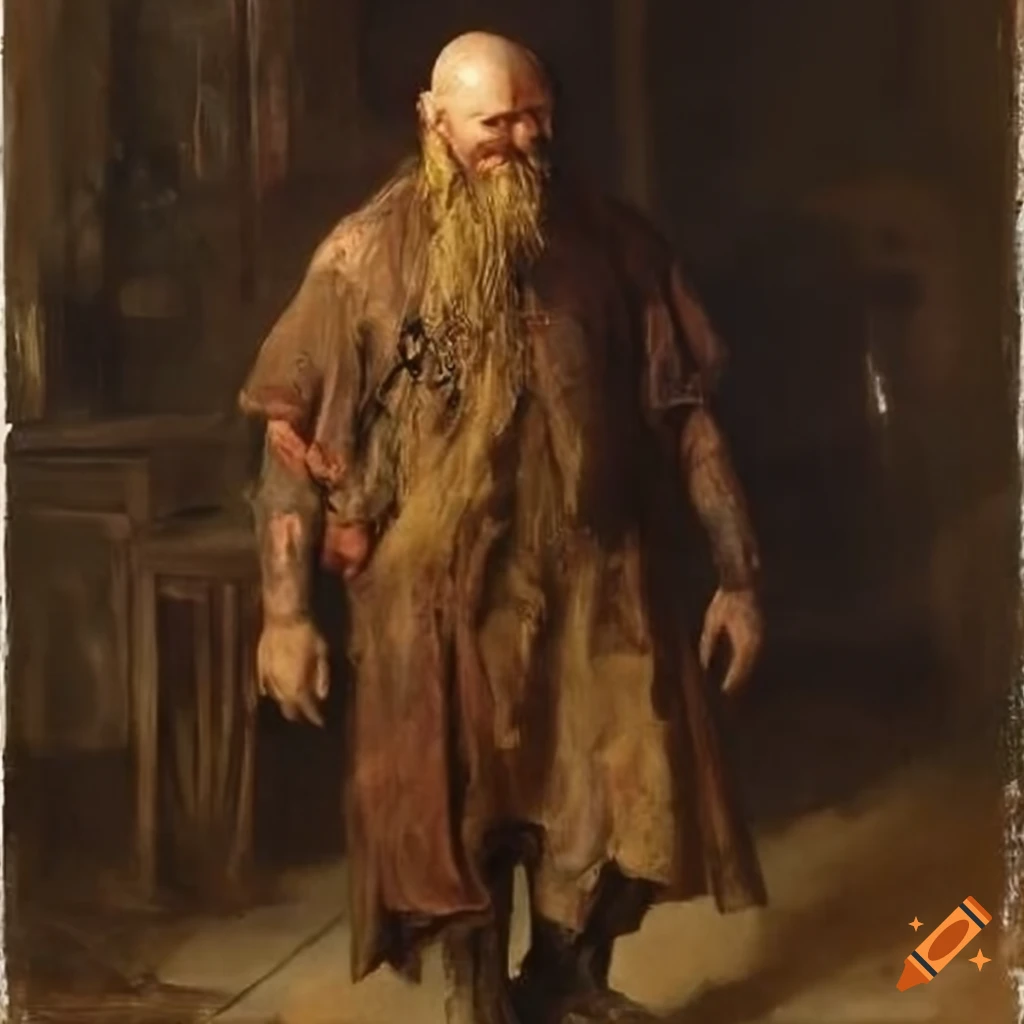 dark painting of a Viking in tattered clothing