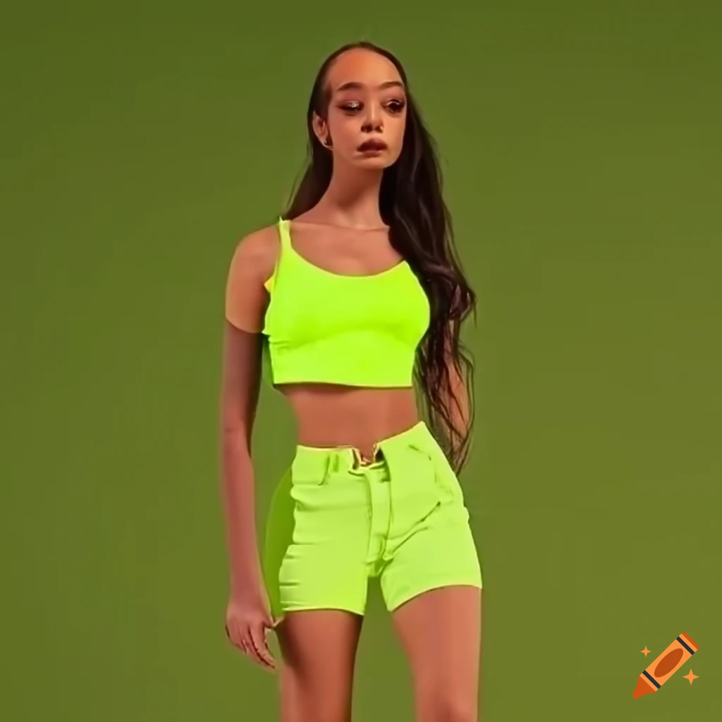 Neon yellow outfit with skinny jeans and crop top