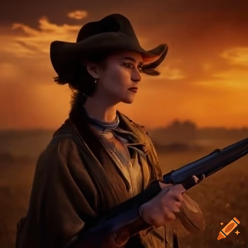 cowgirl holding an old rifle on a farm