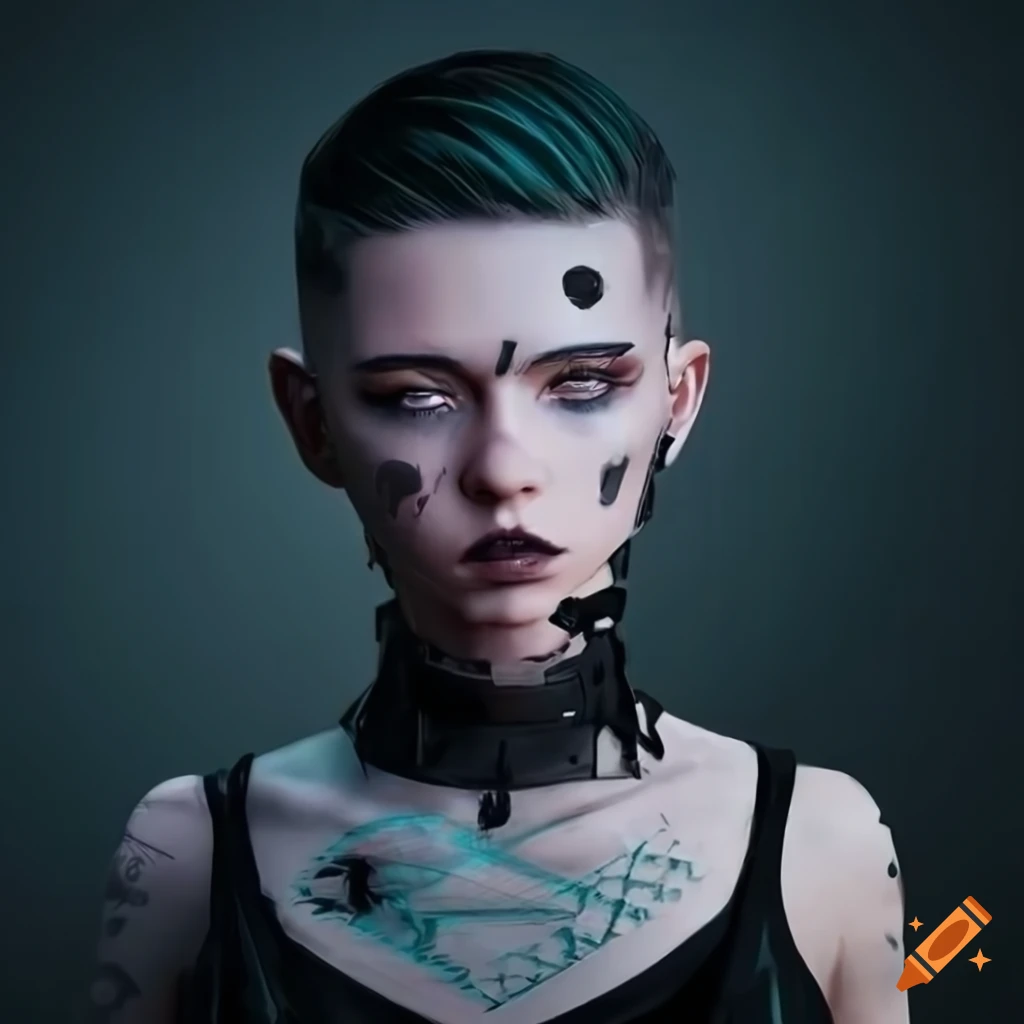 Cyberpunk techwear girl with shaved sides of head