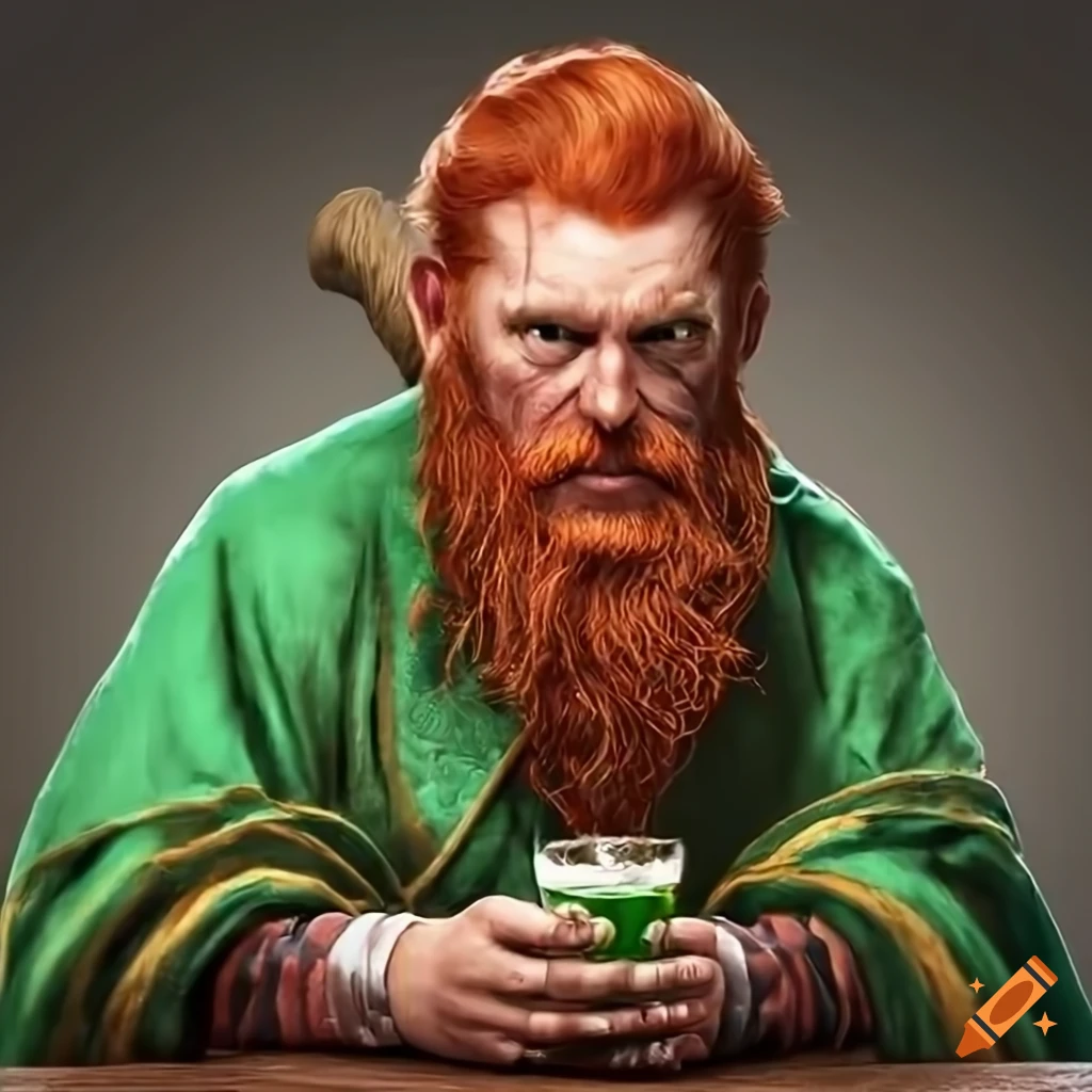 Illustration of a red haired irish god holding beer and shillelagh