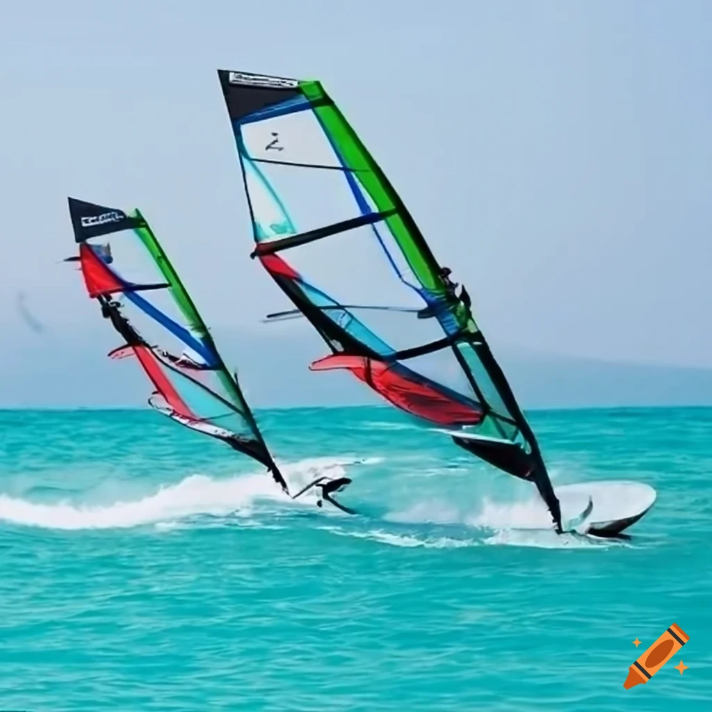 Colorful windsurf sail with bags made from windsurfsails on Craiyon
