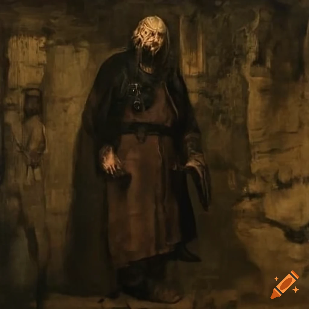dark painting of a Viking standing in muddy clothing