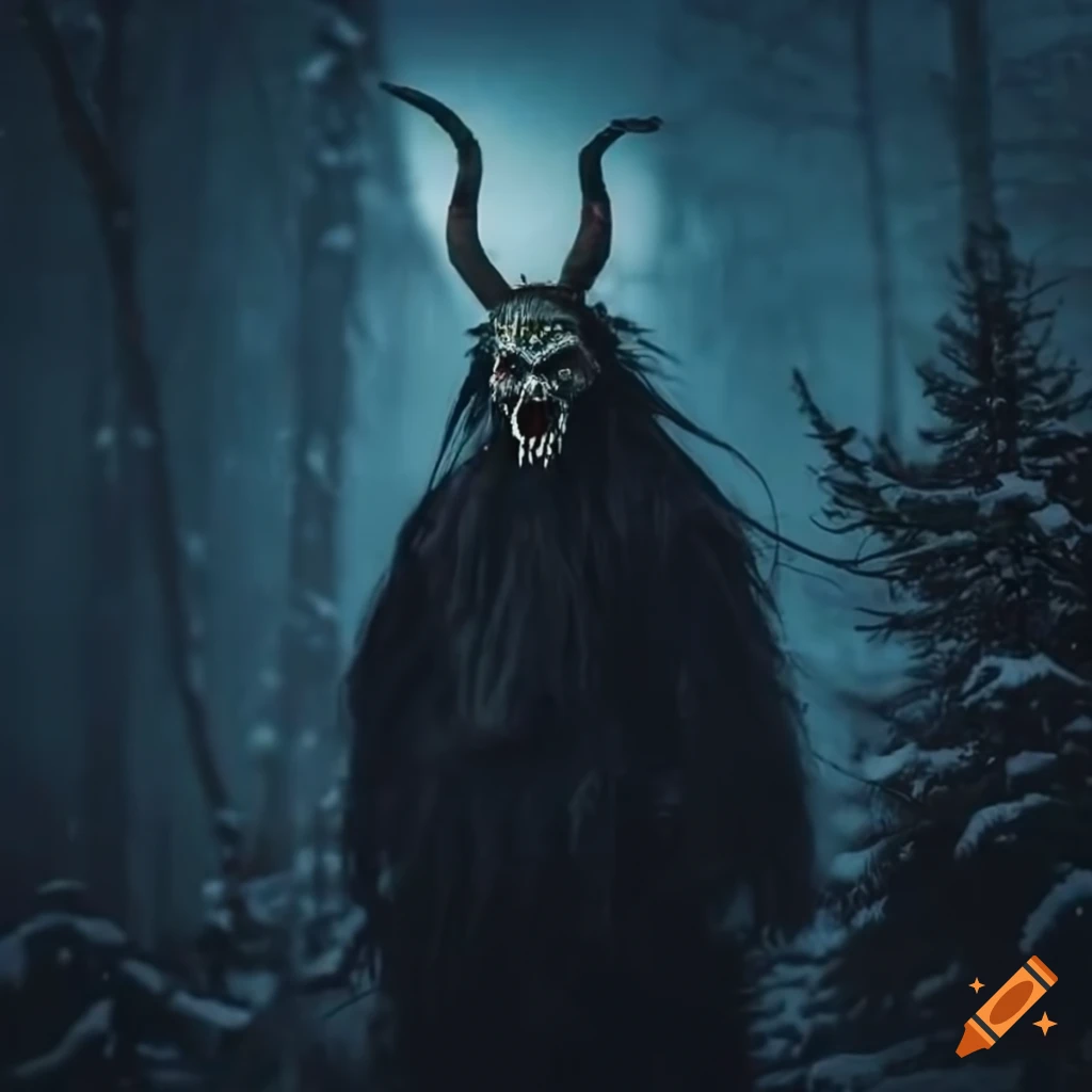 Krampus in a snow forest at night