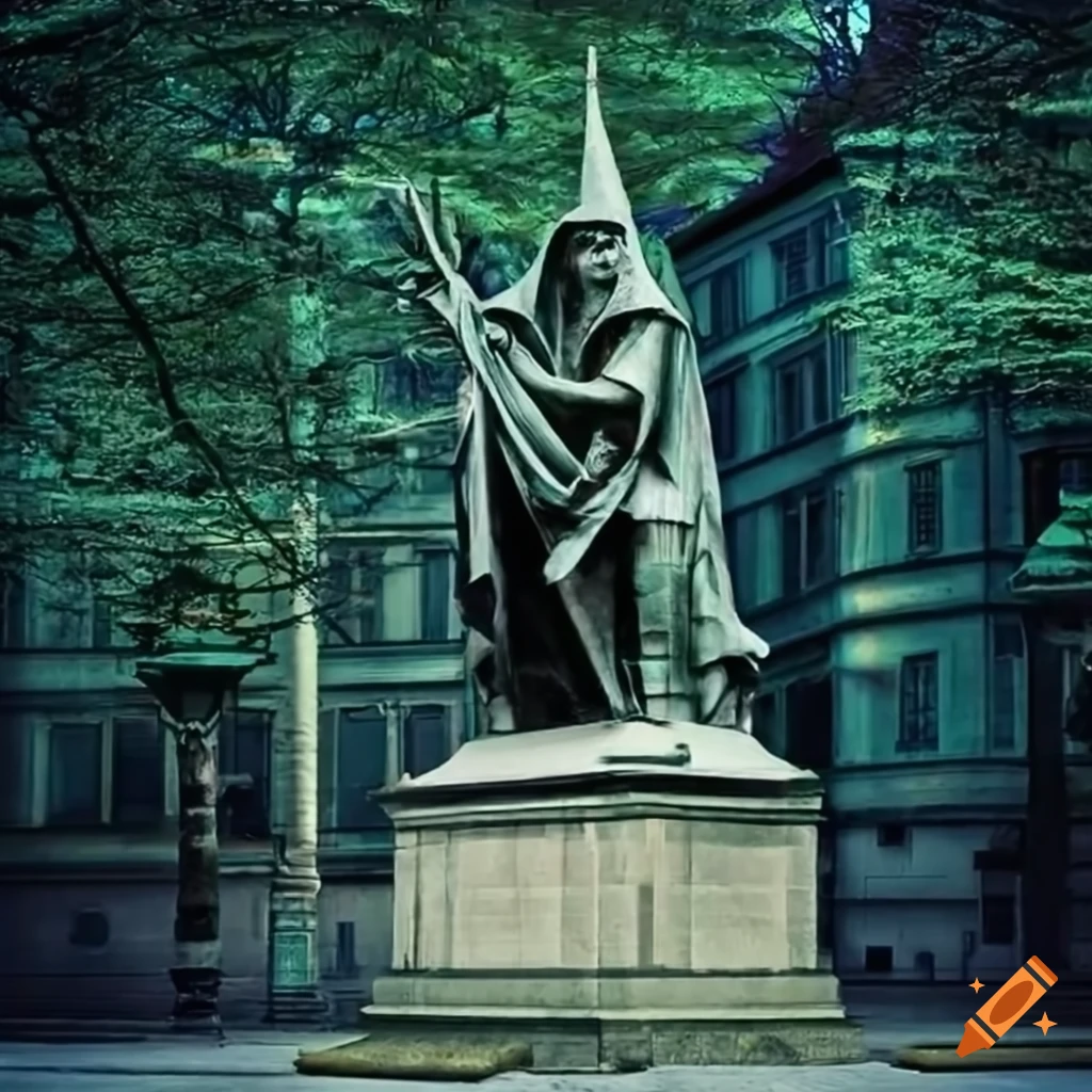 realistic wizard monument in a mystical forest