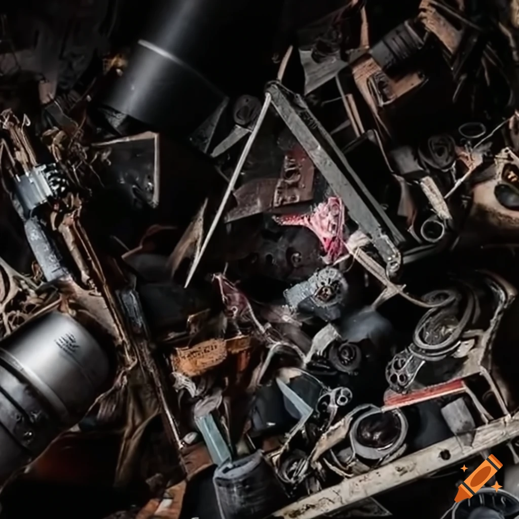 abstract art of broken instruments in a chaotic junkyard