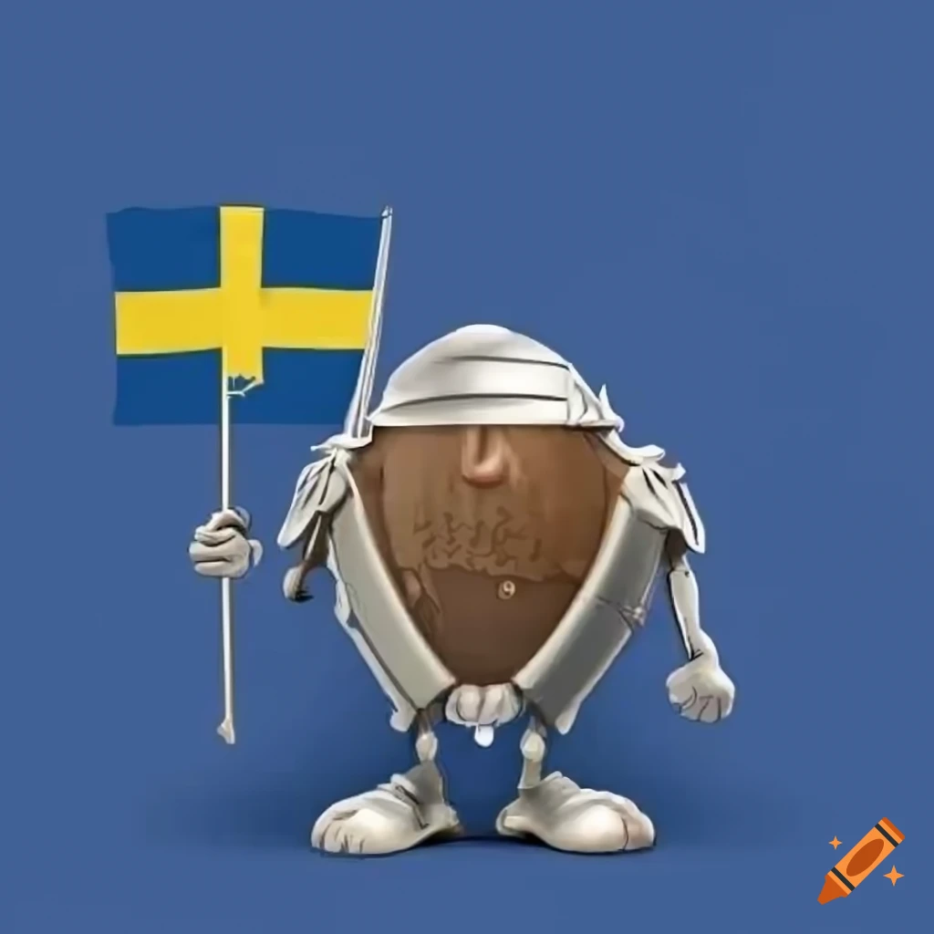 Cartoon illustration of a swedish meatball in armor with the flag