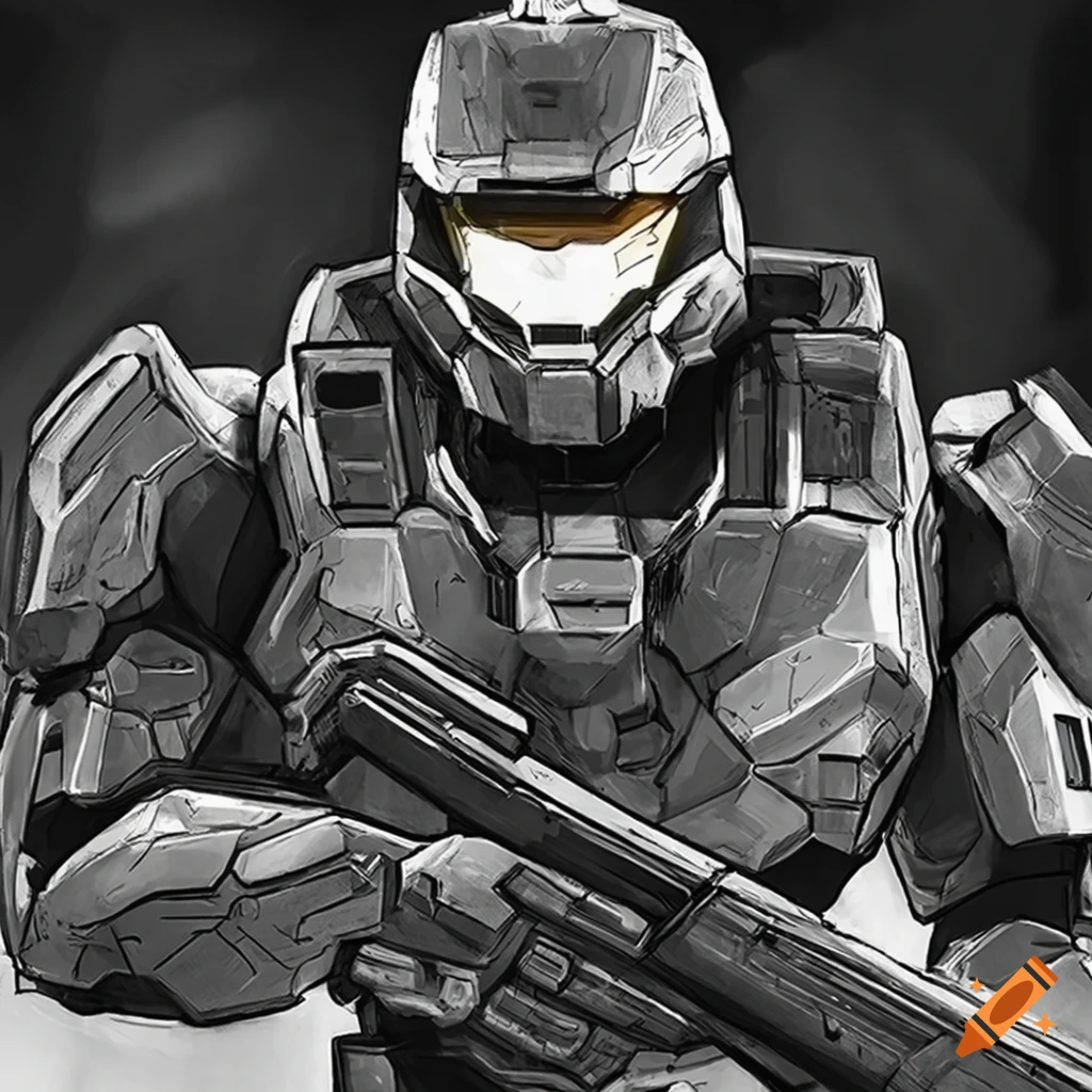 Black and white sketch of halo's master chief