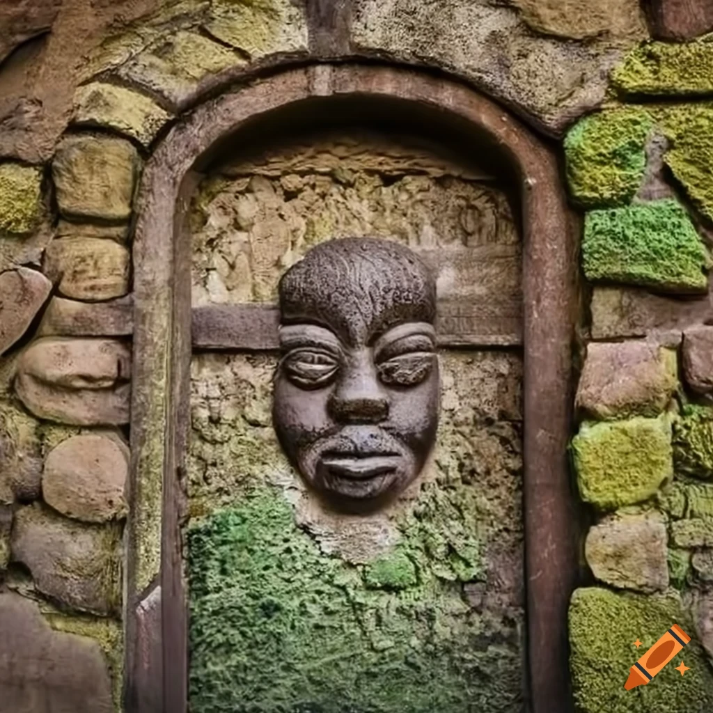 stone sculptures on stone door with moss-covered wall