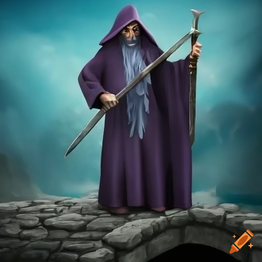 Realistic wizard with sword and staff on a bridge