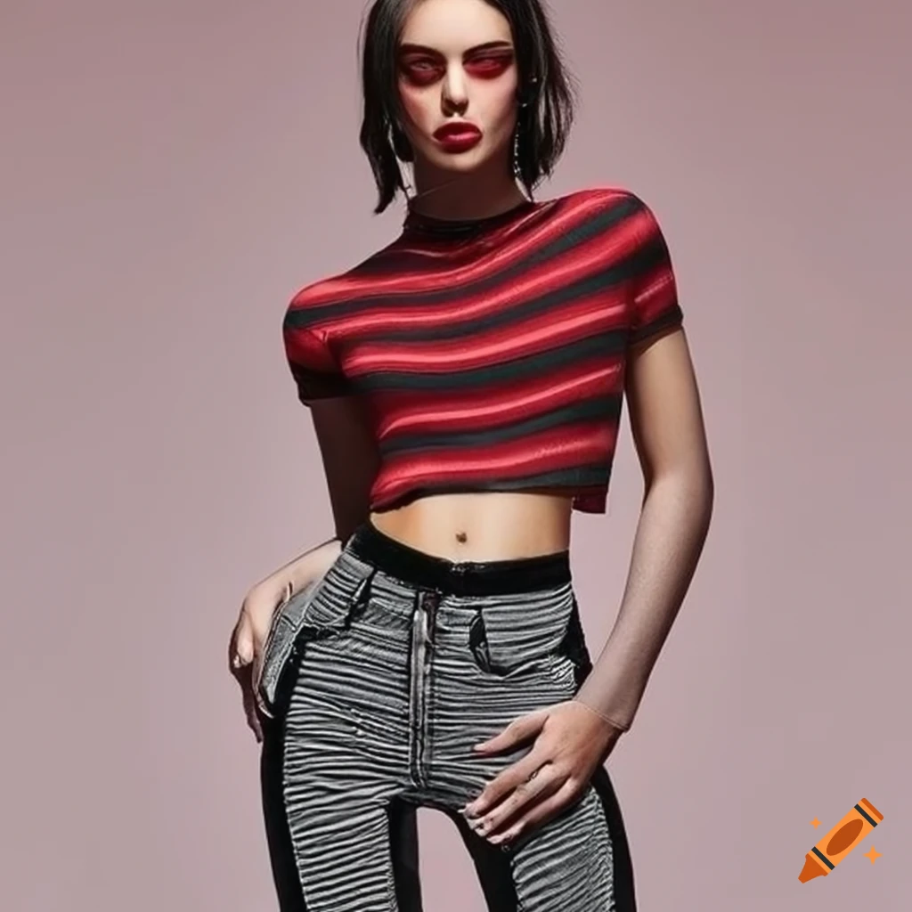 Dark red crop top and striped skinny jeans outfit on Craiyon