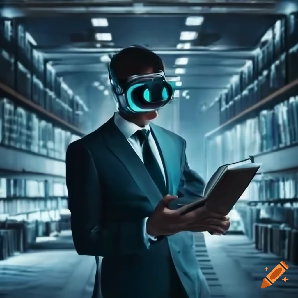 man reading a book in a futuristic library