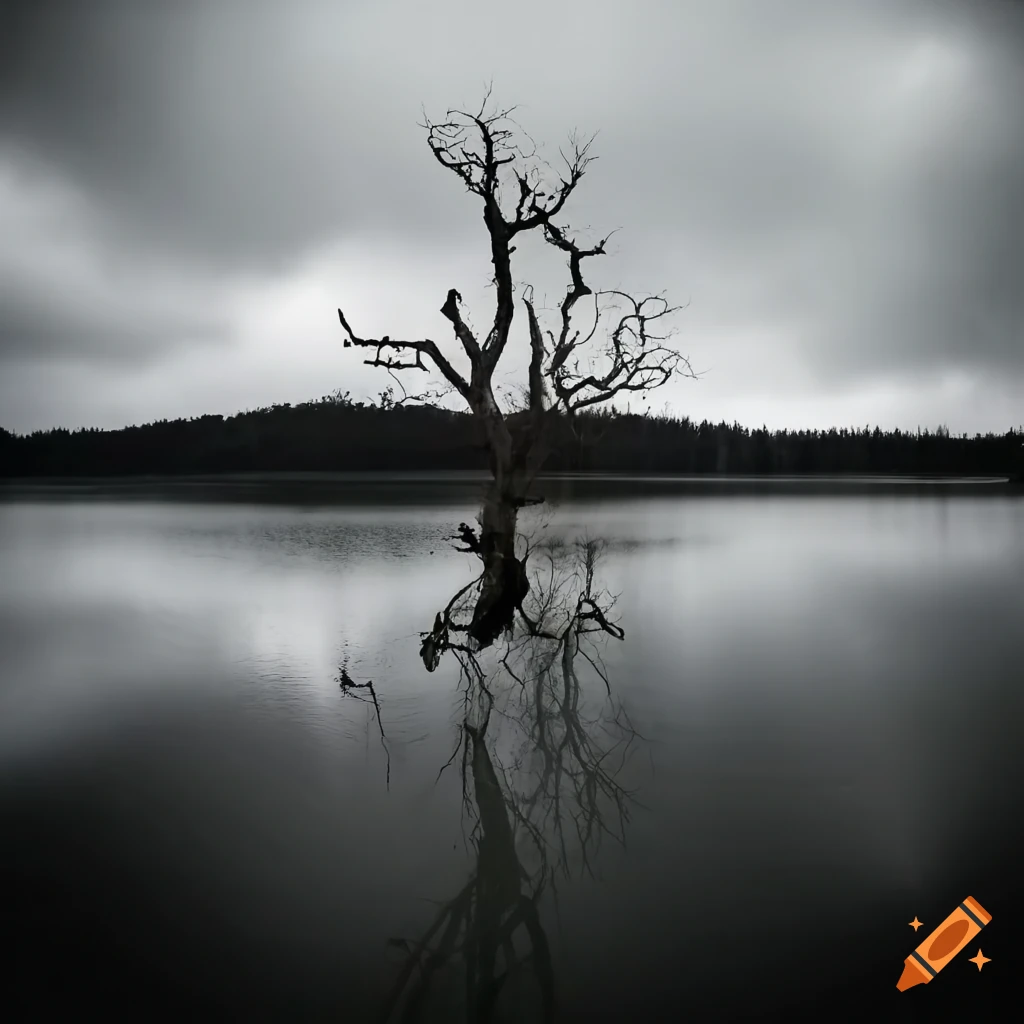 eerie image of a dead tree near a lonely lake