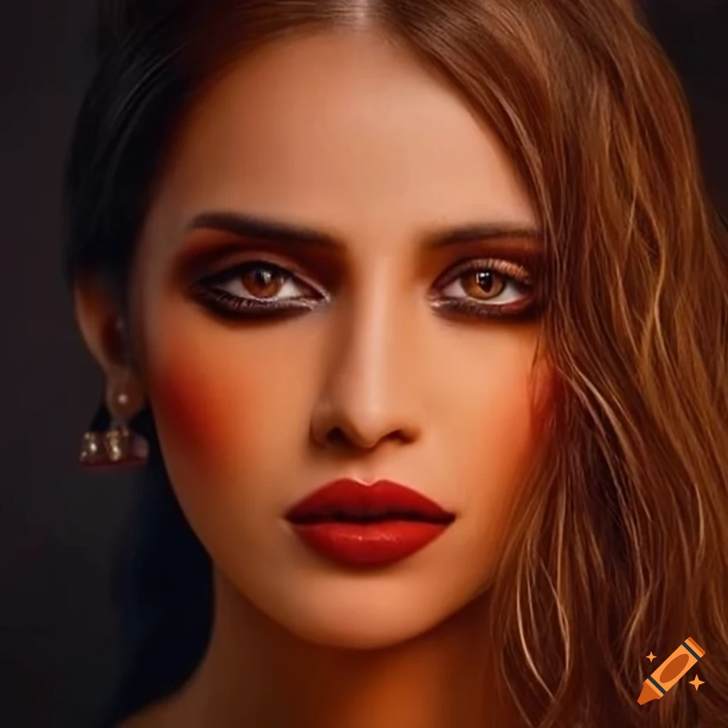 fashion model with fiery orange eyes wearing a fiery dress