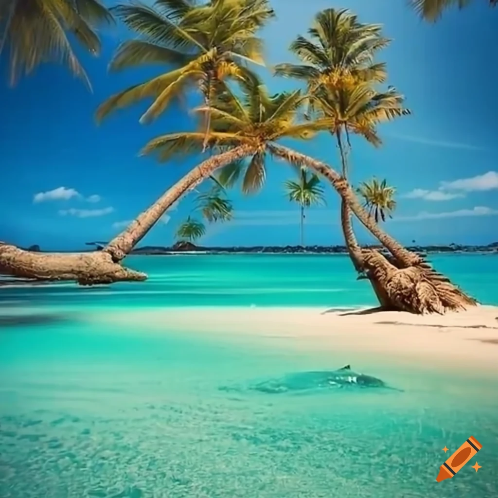 Tropical Beach With Palm Trees And Clear Blue Water On Craiyon