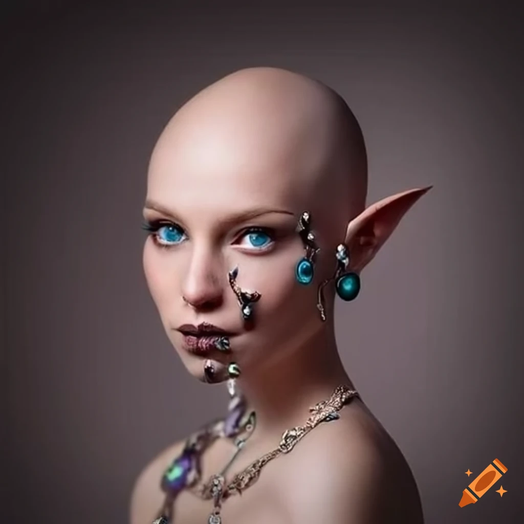 Image of a beautiful bald elf wizard with piercings