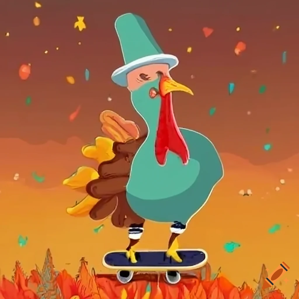 Comedic thanksgiving scene with a skateboarding turkey on Craiyon