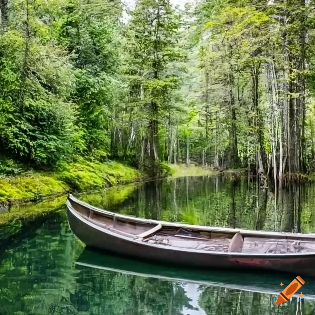 Crystal clear lake with a miniature canoe on Craiyon