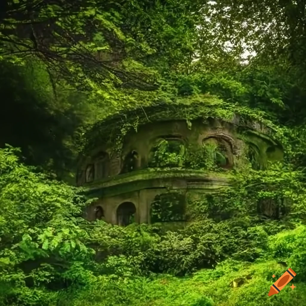 Overgrown ancient flying saucer covered in plants on Craiyon