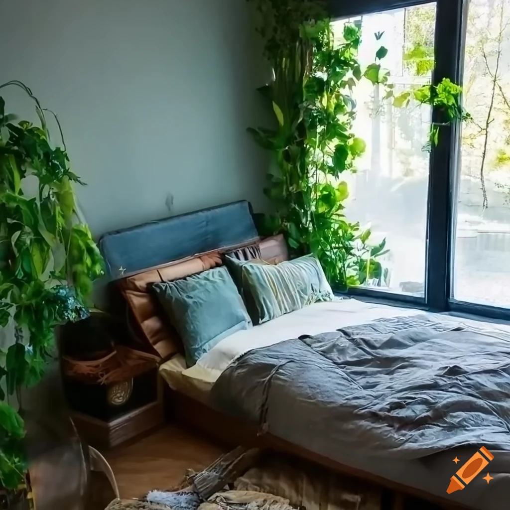 Cozy bedroom with natural elements and greenery on Craiyon