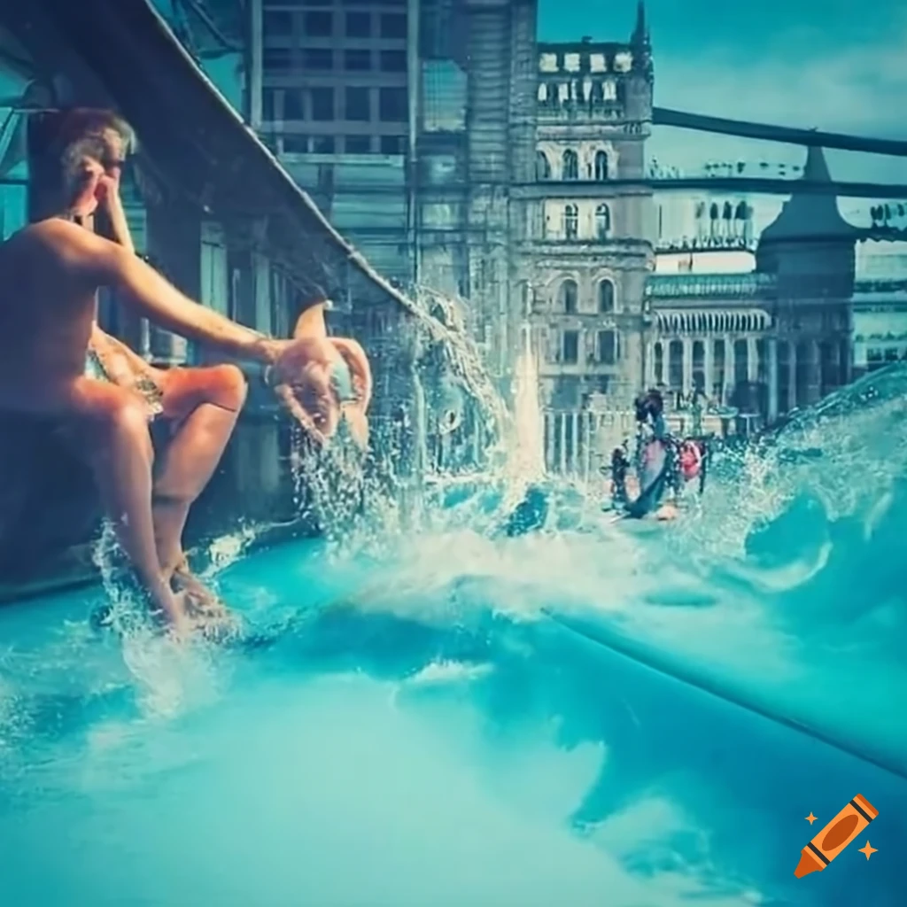 people riding an outdoor waterslide in London
