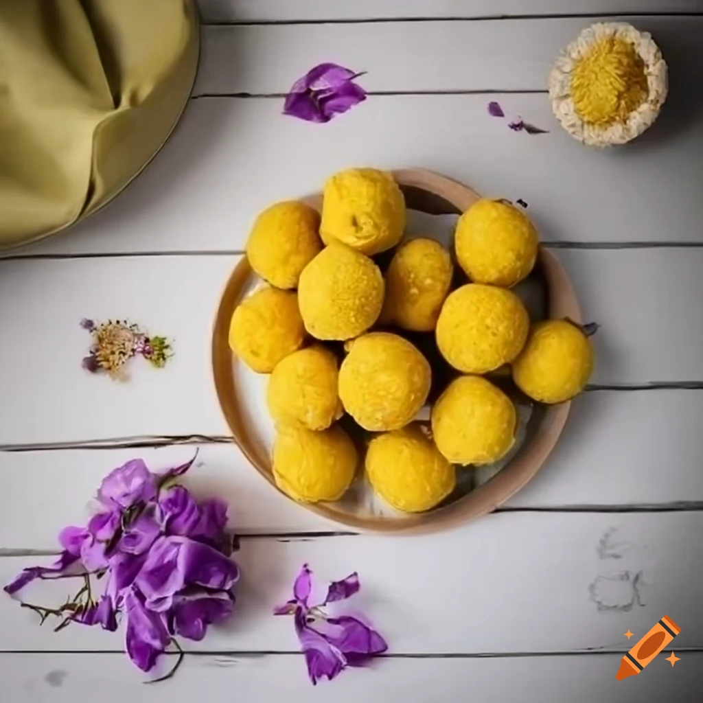 flatlay of yellow laddu on a white wooden table