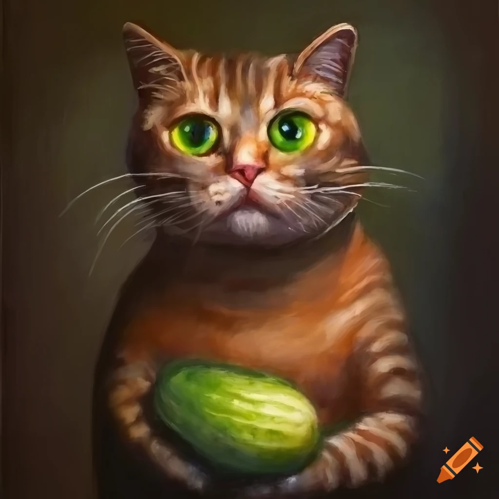 Surreal oil painting of a chubby cat and cucumber on Craiyon