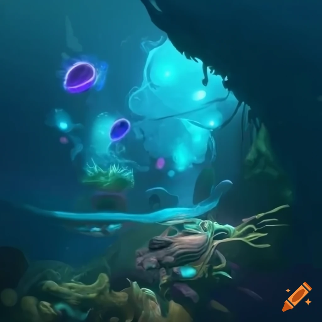 Concept art of colorful and bioluminescent underwater zone on Craiyon