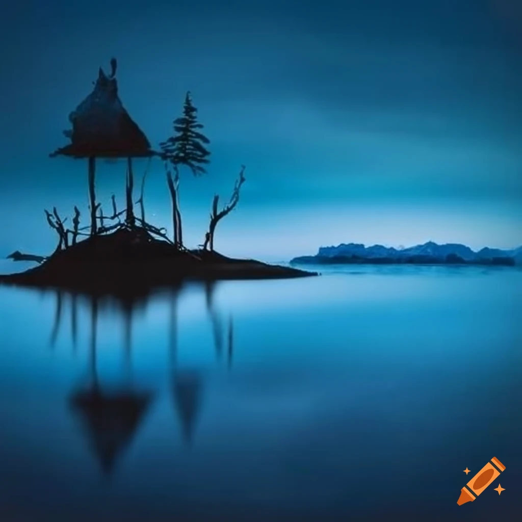 Beautiful blue hour view of an island in the water on Craiyon