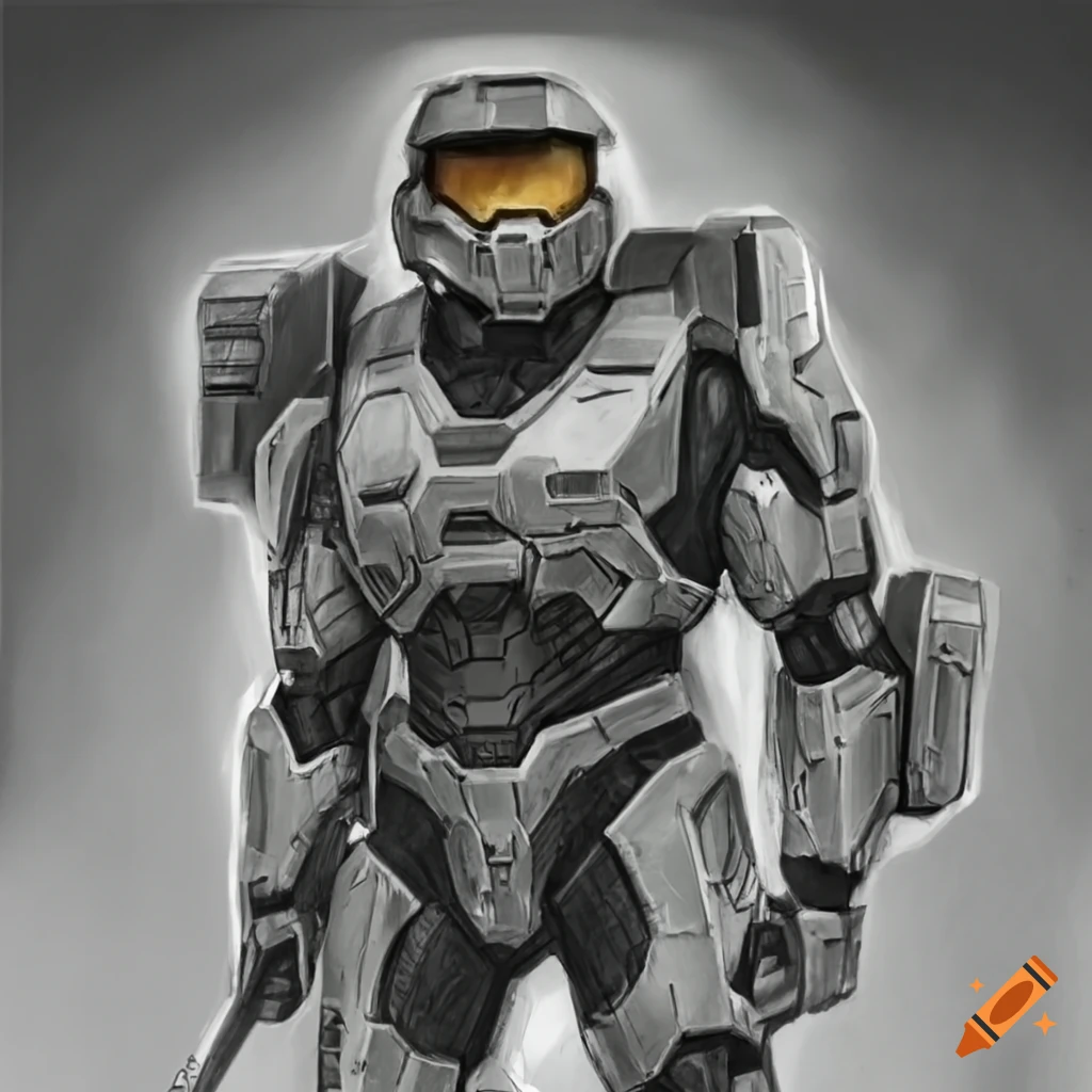 Black and white sketch of halo's master chief on Craiyon